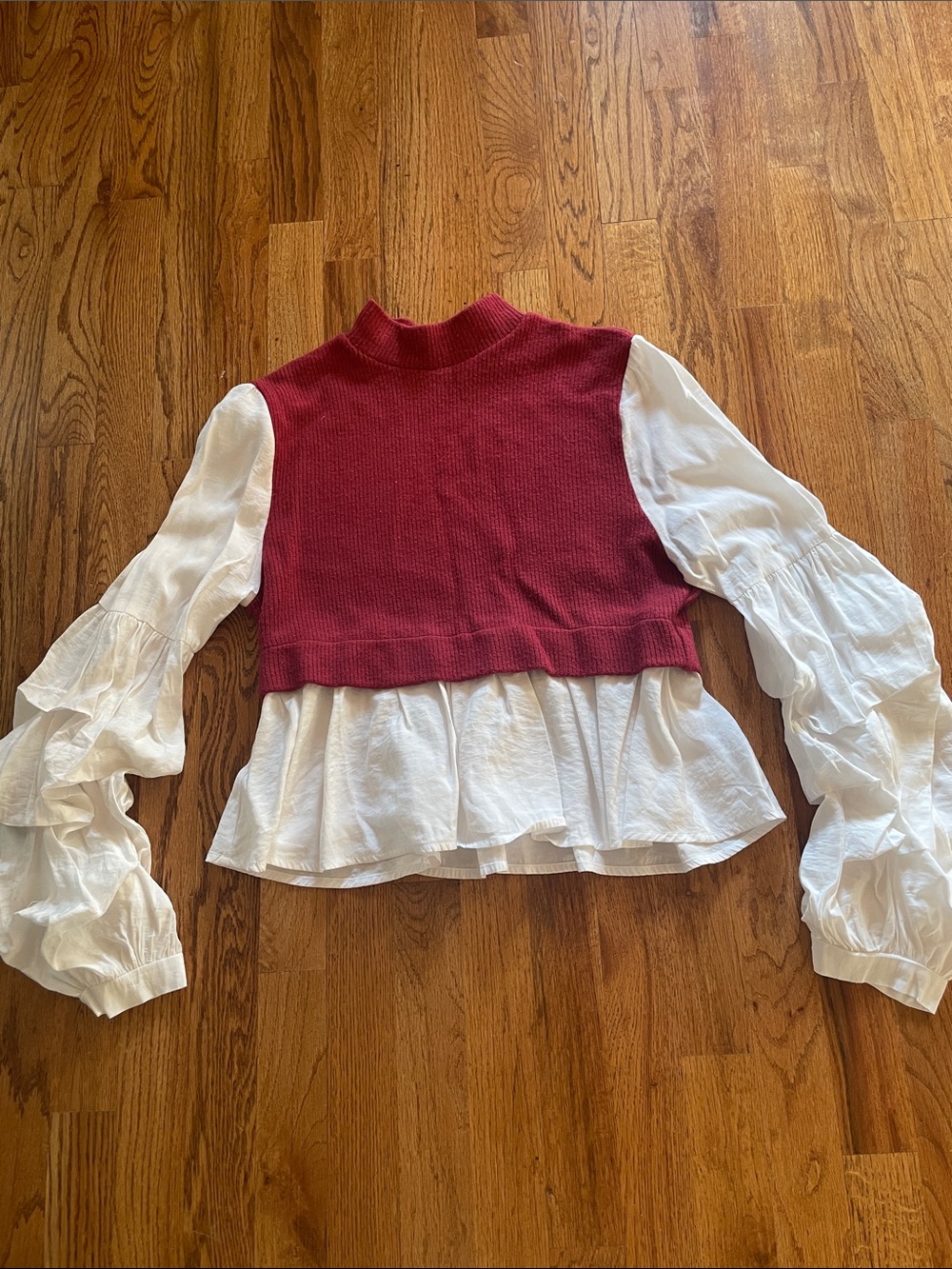 Anthropologie Red Layered Knit & White Ruffle Blouse small